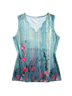 NWT | Teal Floral Scalloped Neck Sleeveless Tank Top Boho | Small